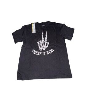 Celebrate It Halloween Youth Black Crew Neck T-Shirt "Creep It Real" Skeleton Ha